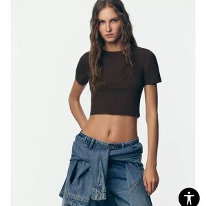 ZARA BROWN CROPPED STRETCH T-SHIRT